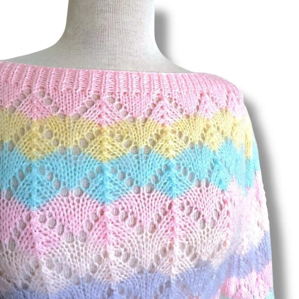 Vintage 1970s Womens Hand Knit Sweater Sz Medium Pointelle Pastel Fairy Kei - Picture 6 of 7